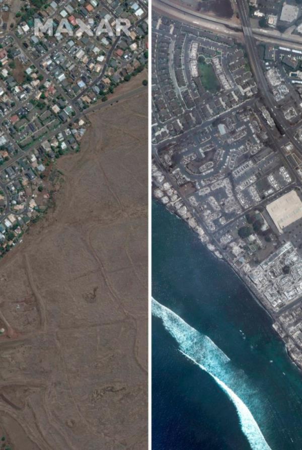 This combination of satellite images provided by Maxar Technologies shows an overview of Lahaina Square on Maui, Hawaii, on June 25, 2023, left, and an overview of the same area on Wednesday, Aug. 9, following a wildfire that tore through the heart of the Hawaiian island. (Maxar Technologies via AP)